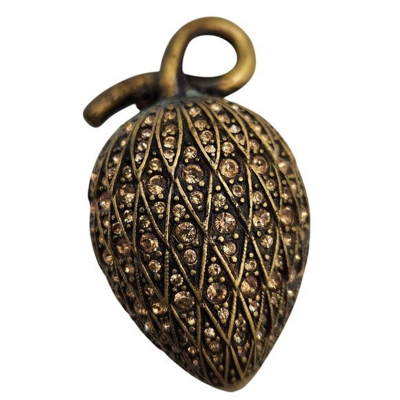 Vintage 1990s Joan Rivers Brass Tone Strawberry Brooch Pin Brown Crystals Signed - Picture 1 of 5